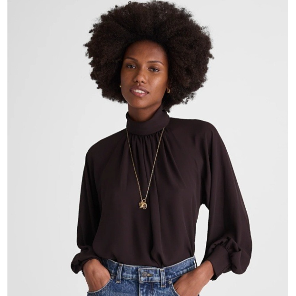 Madewell Top Small Chiffon Turtleneck Long Sleeve Top Molasses Brown NY352 NWT